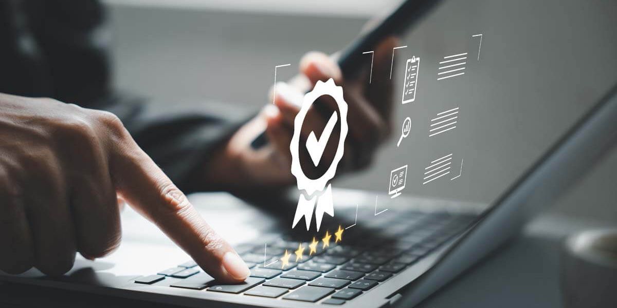 Person using a laptop and tablet with a digital certification badge, checklist icons, and five-star rating overlay.