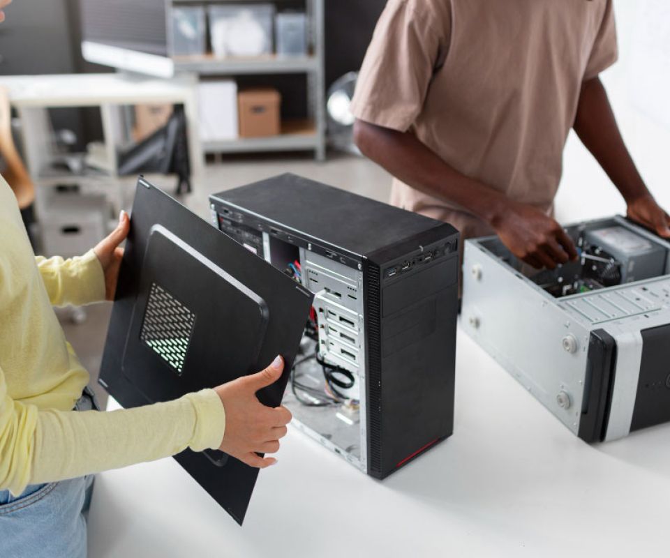 woman takes apart PC