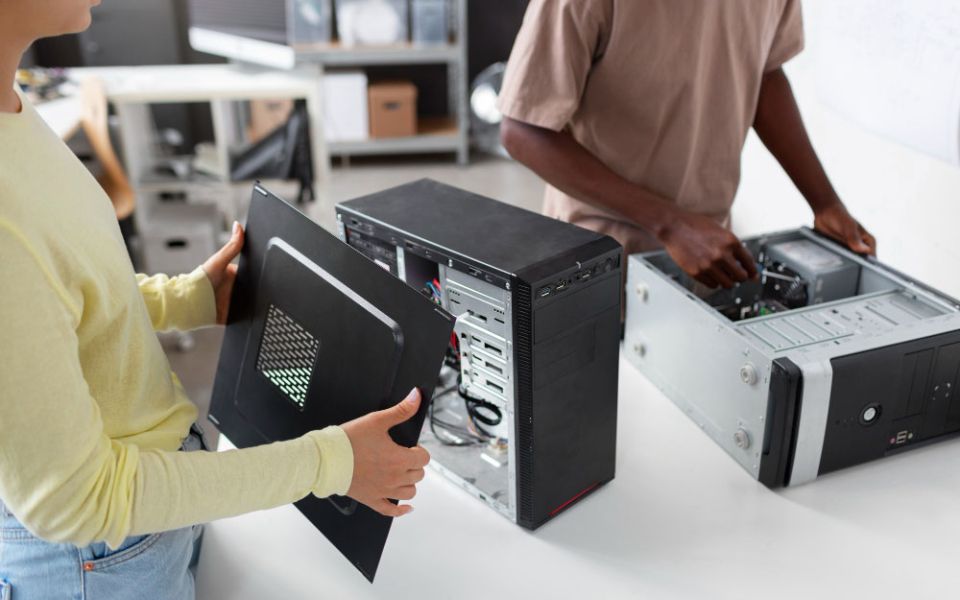 woman takes apart PC