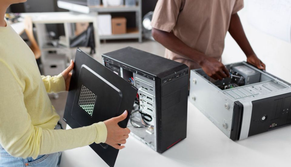 woman takes apart PC